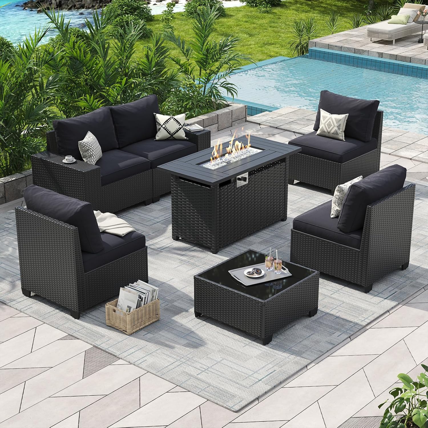 Aoxun Patio Furniture Set with 44'' Fire Pit Table, 7 Pcs Outdoor Patio Furniture Sets with 4in Thicken Cushion, Widen Armrests Wicker Outdoor Sectional for Backyard