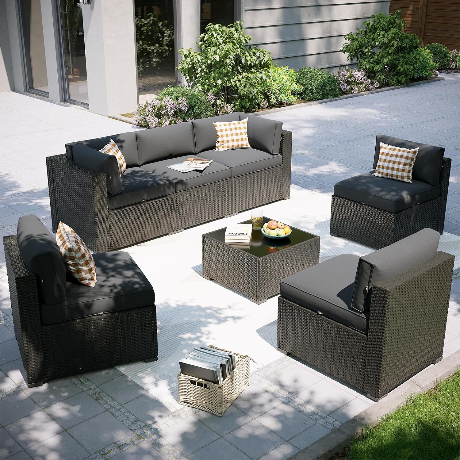 Aoxun 7 Piece Patio Furniture Set, Outdoor Sectional Sofas with Waterproof Cover, Wicker Rattan Outdoor Furniture Patio Conversation Set for Backyard, Garden Dark Grey