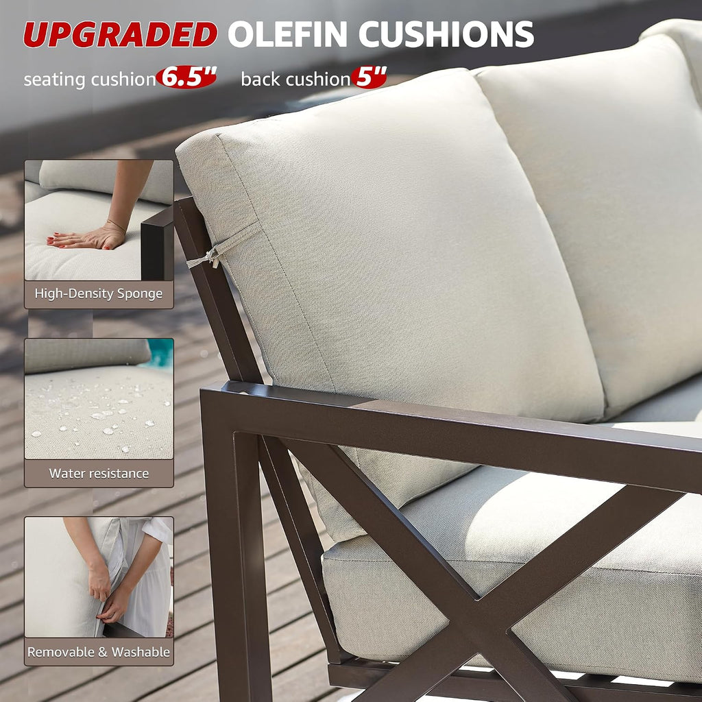 NATURAL EXPRESSIONS 6 Pieces Patio Furniture Sets, Metal Outdoor Sectional Furniture L Shape Patio Conversation Sets,Highback Frame,Metal Table,Large Waterproof Cover, 6.5' Olefin Cushions