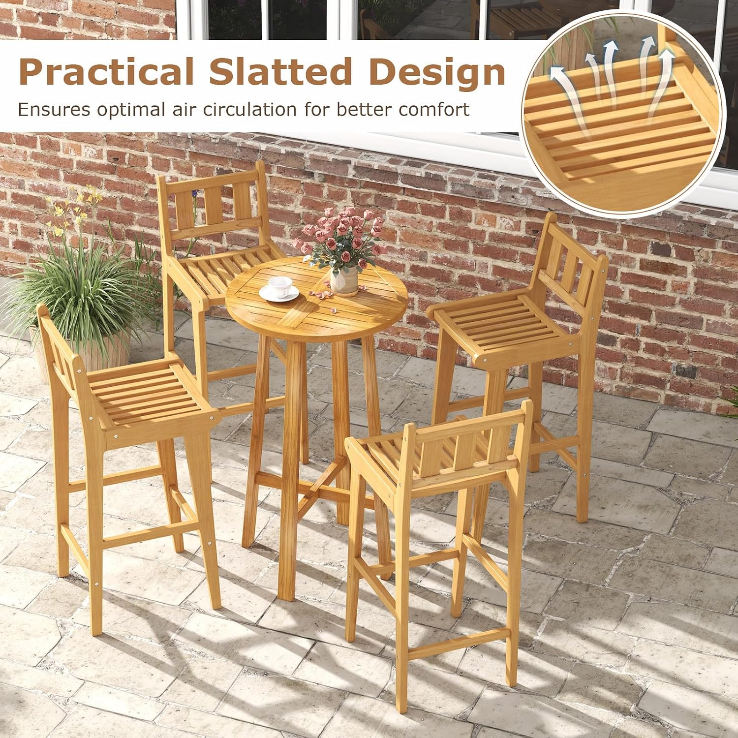 Tangkula Teak Wood Bar Stool Set of 4, 30' Bar Chair with Footrest & Backrest, Wooden Bar Height Chair, Patio Furniture for Deck, Poolside & Garden, Natural(4)