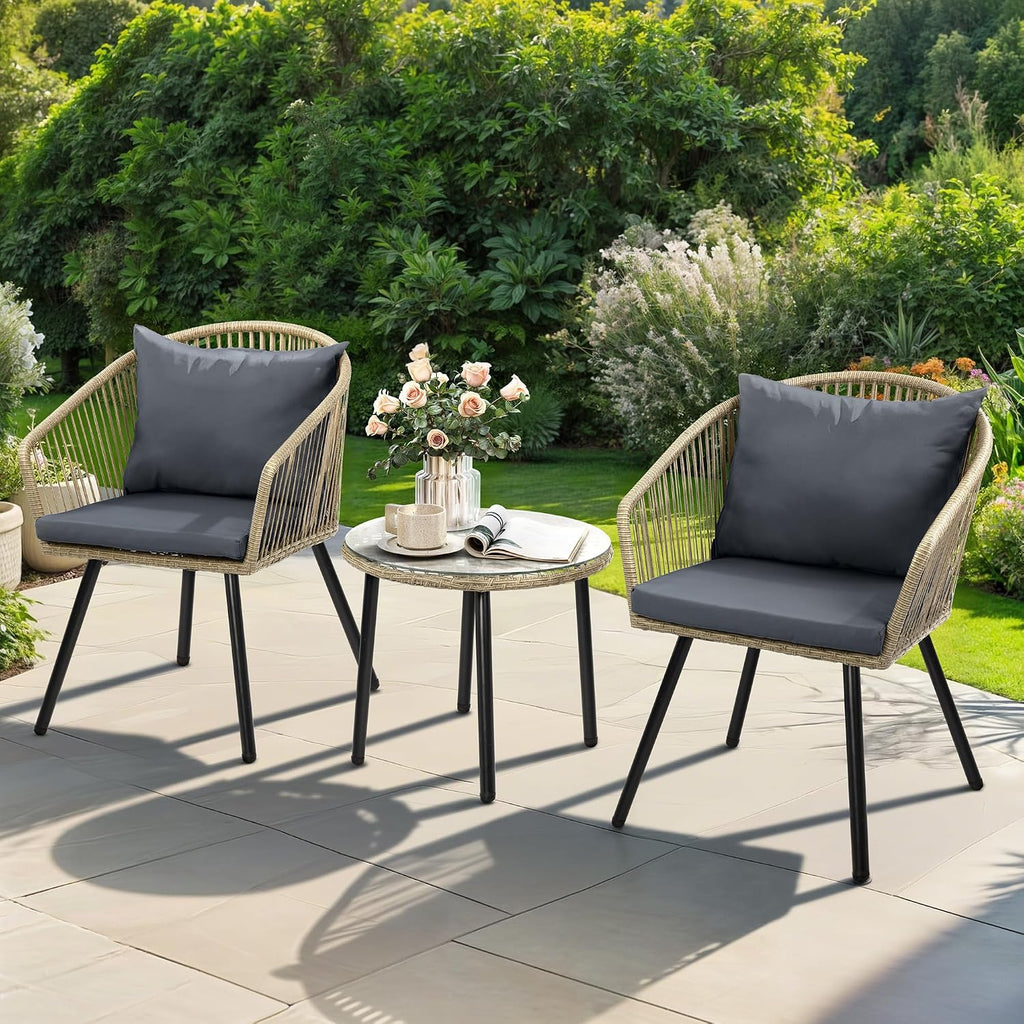 DWVO Bistro Table and Chairs Set of 2, Outdoor Patio Furniture Set with Cushion Chairs and Glass Table, Front Porch Furniture for Backyard, Deck, and Balcony, Black