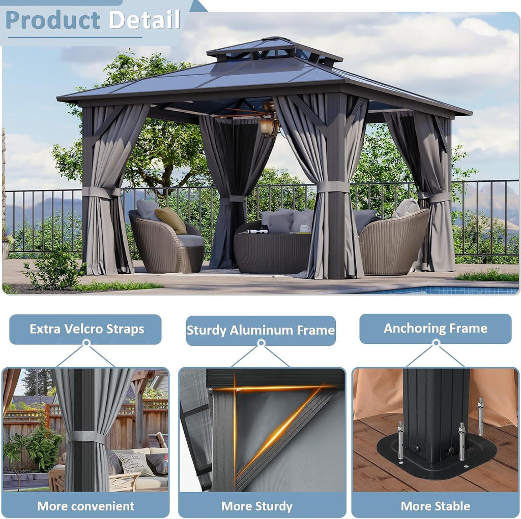 Aoxun 12'x12' Hardtop Gazebo,Permanent Aluminum-Framed Pavilion with Curtains & Mesh Screens, Featuring a Double-Layered Polycarbonate Roof, Ideal for Patios, Lawns, & Gardens, Gray