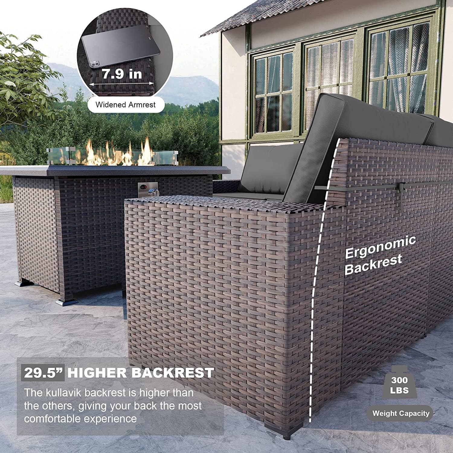 Kullavik 7 Pieces Outdoor Patio Furniture Set with 43' 55000BTU Gas Propane Fire Pit Table PE Wicker Rattan Sectional Sofa Patio Conversation Sets,Grey