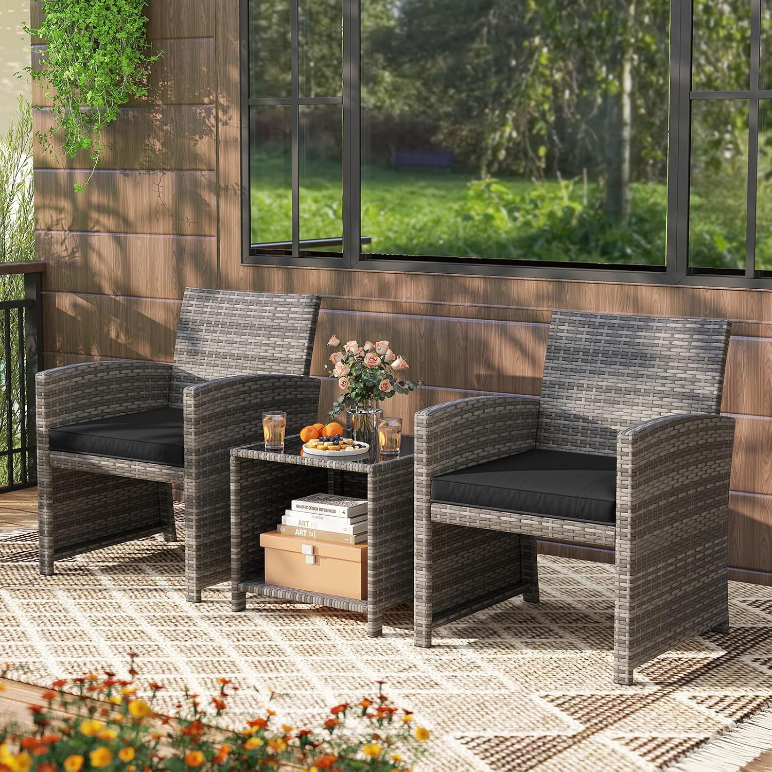 KOTEK 3 Piece Patio Furniture Set, Outdoor Wicker Patio Chairs with Cushions & Storage Table, PE Rattan Bistro Set for Porch, Backyard, Balcony (Black)