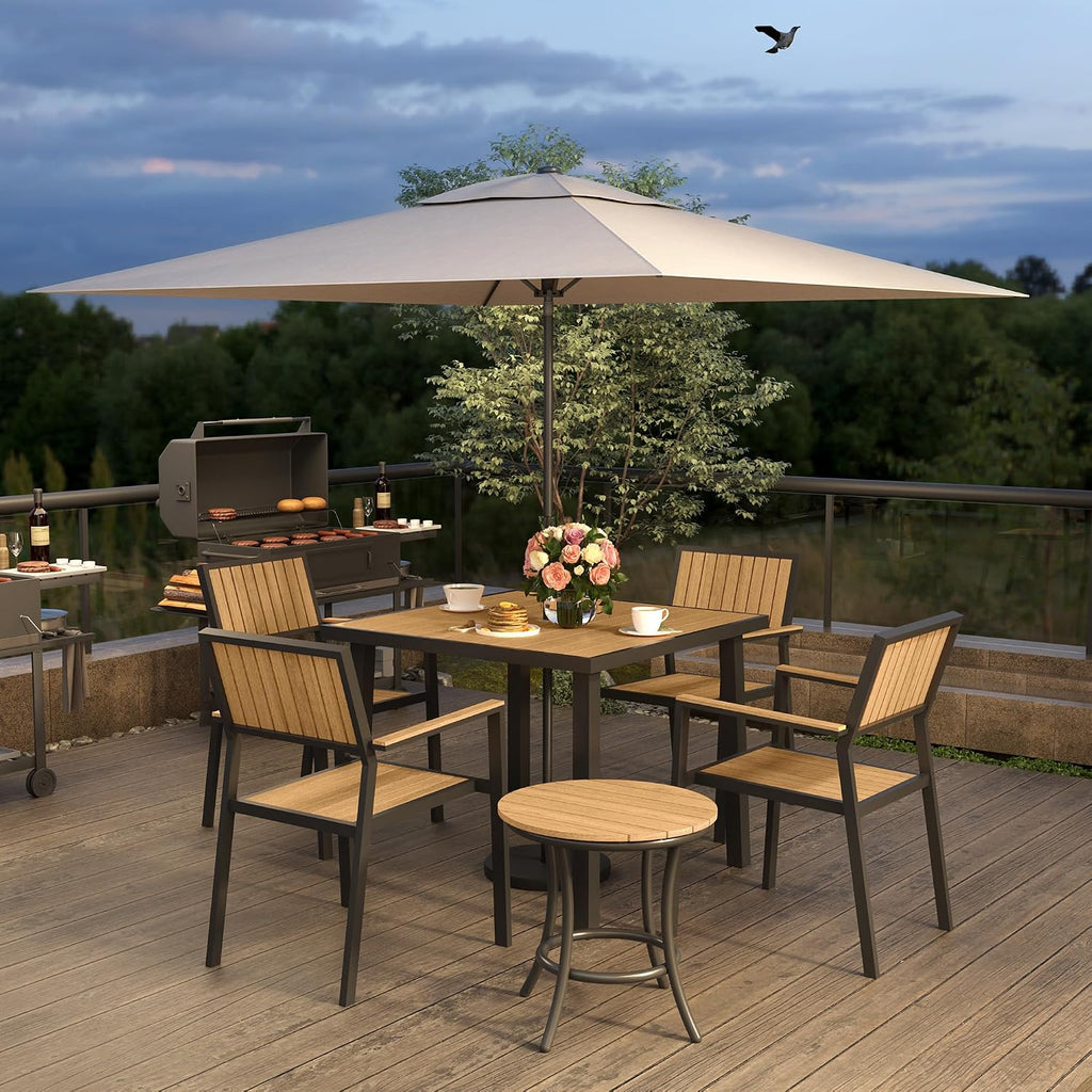 Pamapic 6-Piece Patio Dining Set，Outdoor Aluminum Furniture Set with Plastic-Wood Table Top,Outdoor Furniture Set with 4 Outdoor Stackable Chairs for Patio Garden Poolside (Teak)