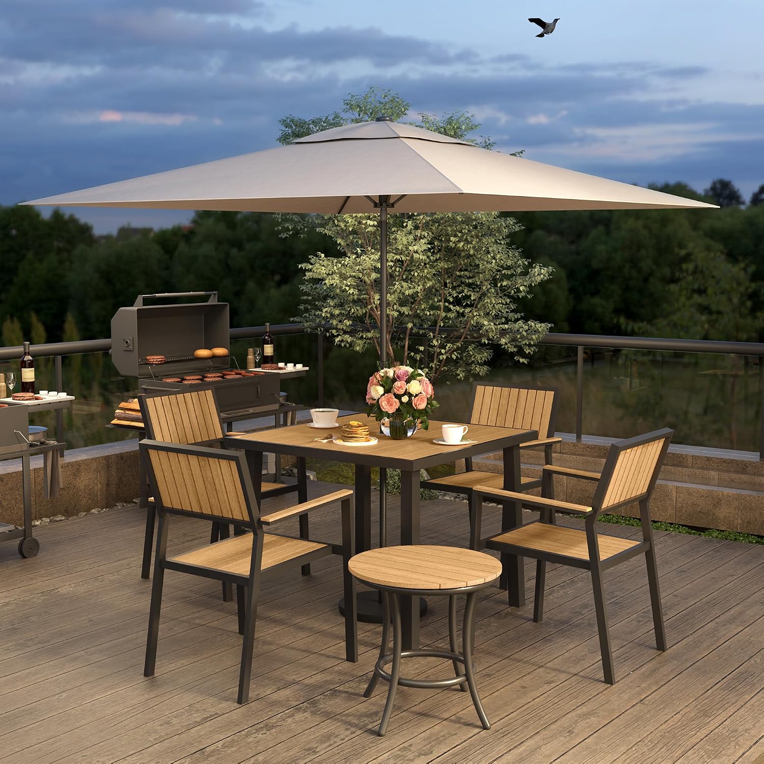 Pamapic 6-Piece Patio Dining Set，Outdoor Aluminum Furniture Set with Plastic-Wood Table Top,Outdoor Furniture Set with 4 Outdoor Stackable Chairs for Patio Garden Poolside (Teak)