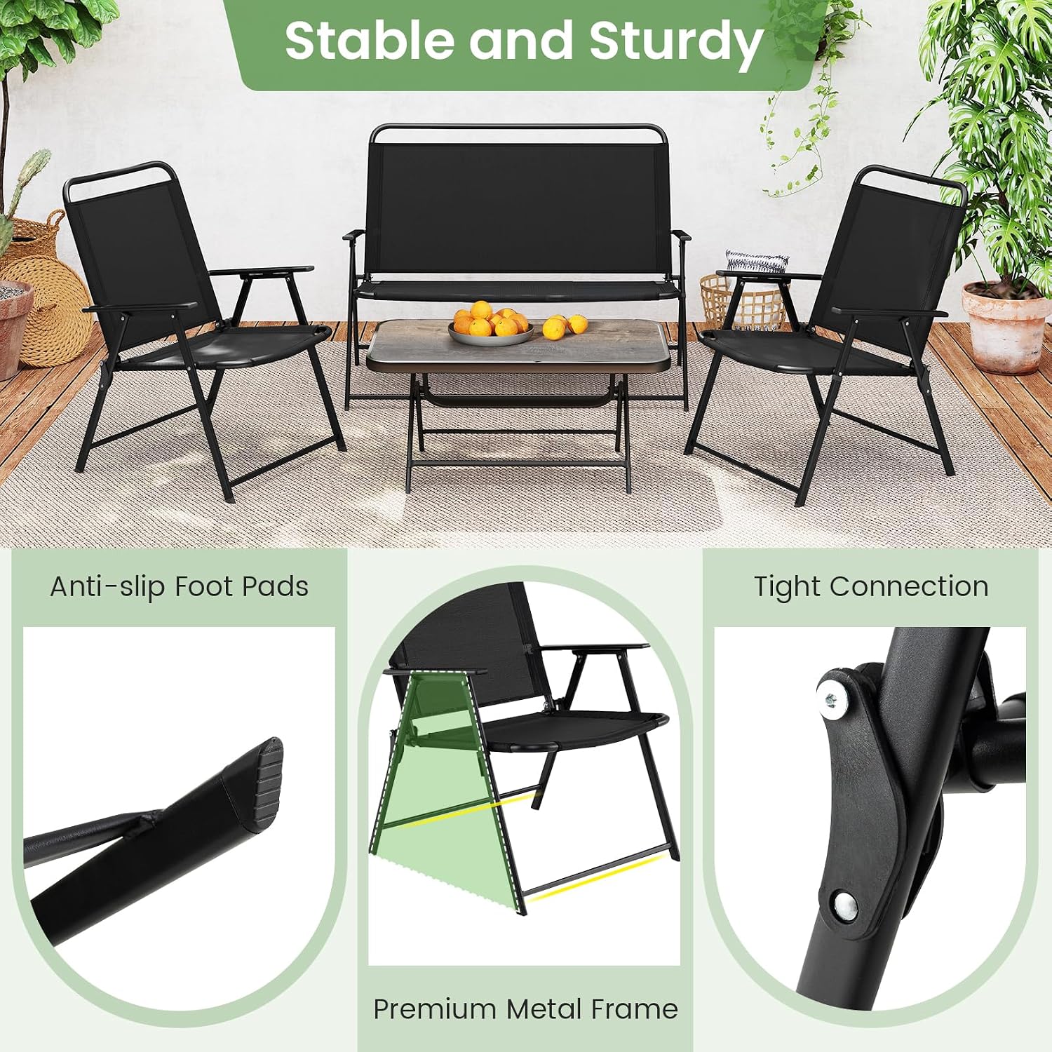Tangkula 4 Piece Folding Patio Furniture Set, Metal Chair & Table Set with Breathable Fabric Seat, Outdoor Sectional Conversation Set with 2 Patio Chairs, Loveseat, Coffee Table for Yard Porch Deck