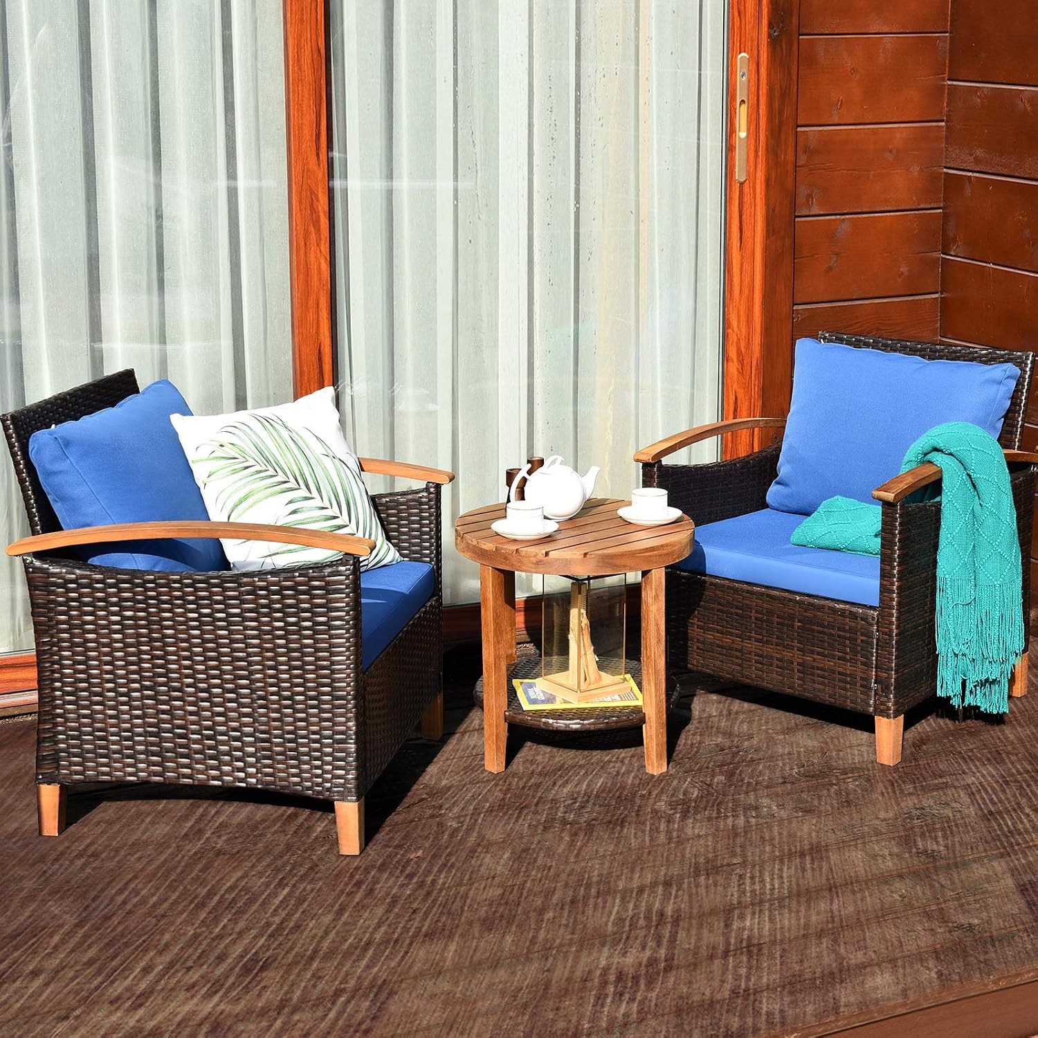 Tangkula 3 Pieces Patio Furniture Set, Outdoor Rattan Sofa and Side Table w/Solid Acacia Wood Frame, High Load Bearing Conversation Bistro Set w/Washable and Removable Cushions (Navy Blue)