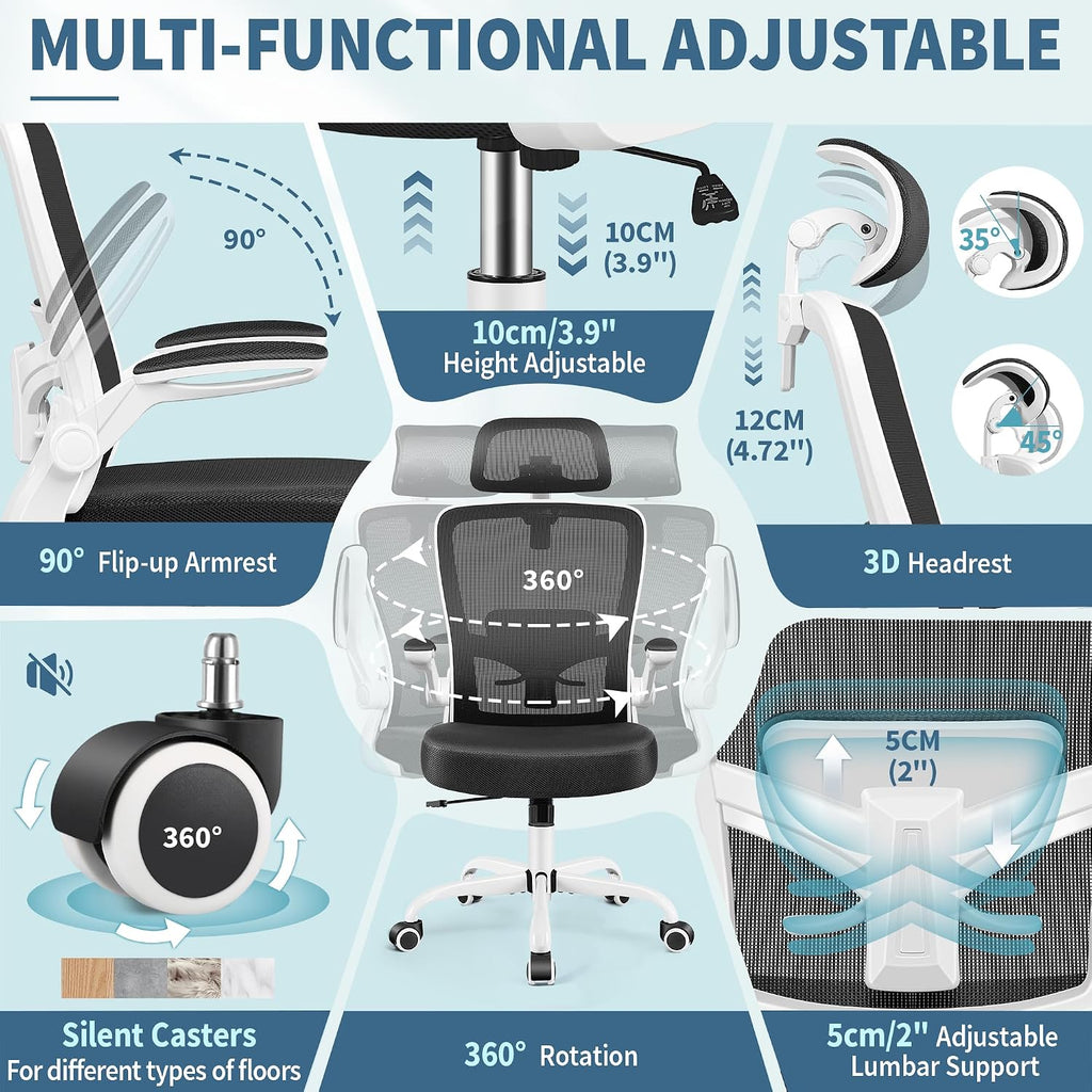 FelixKing Office Chair, Desk Chair with Adjustable Lumbar Support, Ergonomic Computer Chair with High Back and Armrest, Adjustable Height Gaming Chair Home Office Swivel Chair(White)