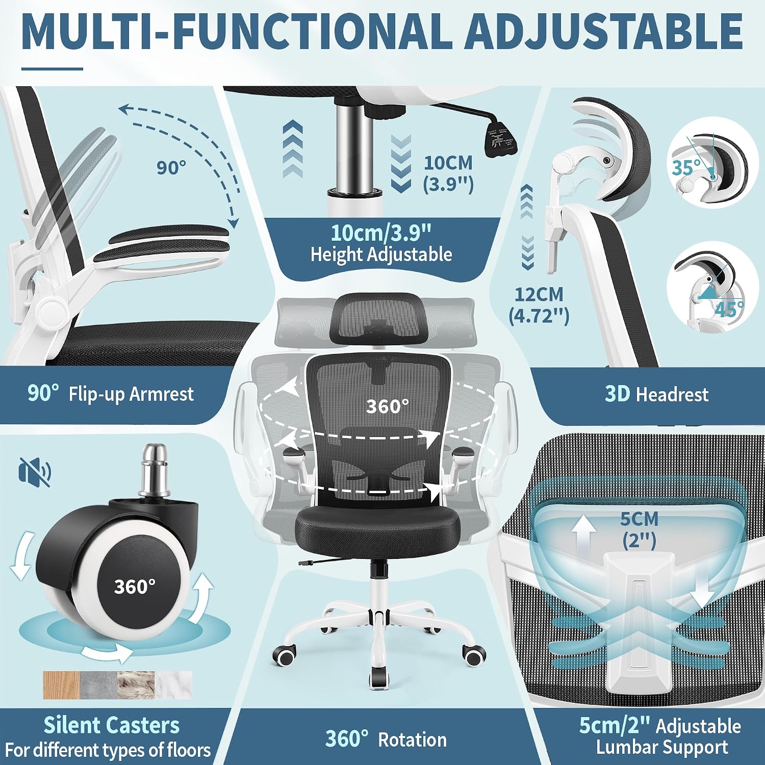 FelixKing Office Chair, Desk Chair with Adjustable Lumbar Support, Ergonomic Computer Chair with High Back and Armrest, Adjustable Height Gaming Chair Home Office Swivel Chair(White)