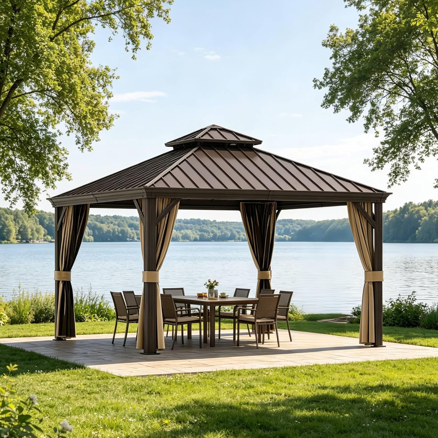 10' X 12' Hardtop Gazebo, Outdoor Galvanized Steel Double Roof Permanent Aluminum Frame Pavilion Pergola Canopy with Privacy Curtains for Garden, Patio, Backyard, Deck and Lawns