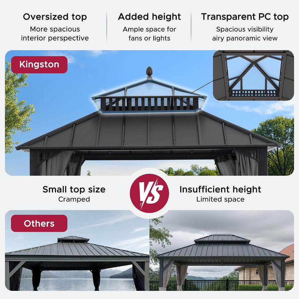SUNJOY Kingston 10' x 10' Hardtop Gazebo with Galvanized Steel/Polycarbonate Double Roof, Curtain and Netting, Gray Aluminum Posts Permanent Pavilion Gazebo for Garden, Patio, Deck, Lawn