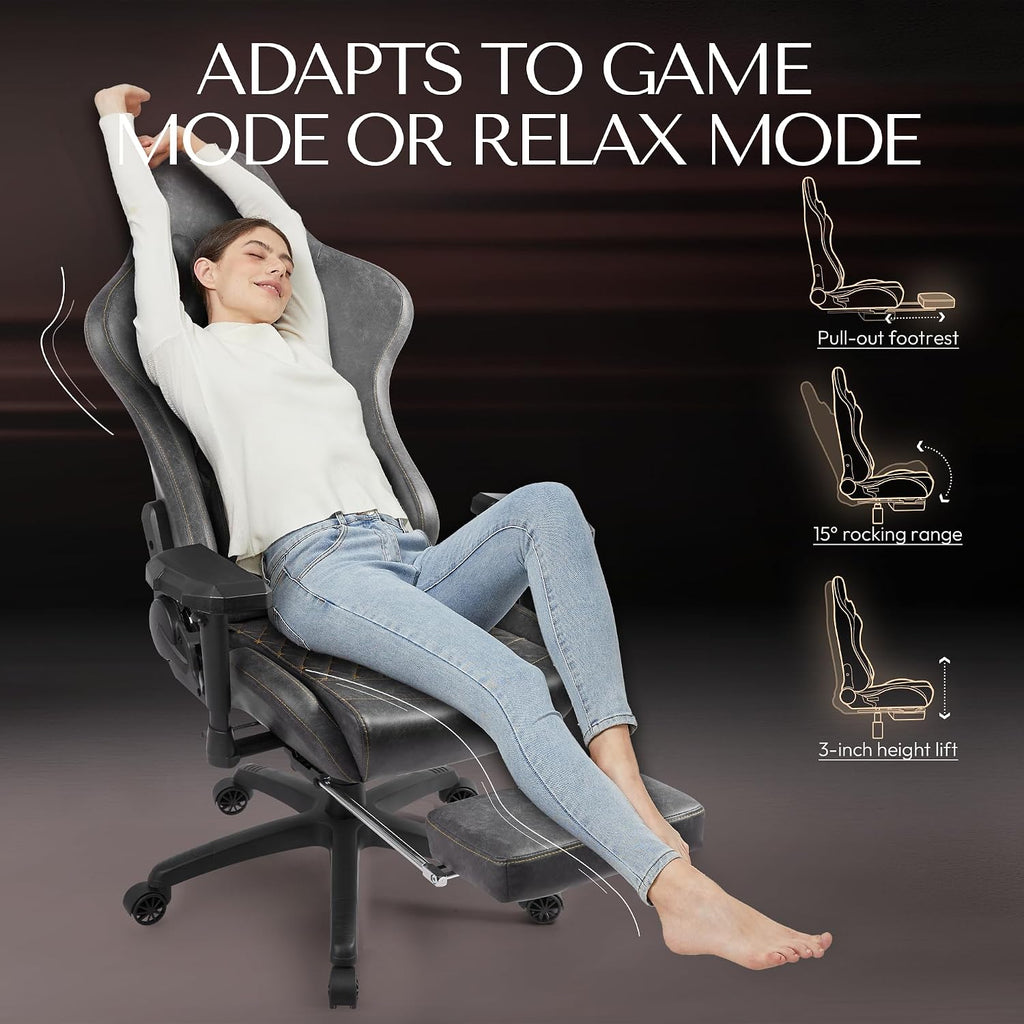 Dowinx Big and Tall Gaming Chair 400LBS, Ergonomic Computer Chair with Massage Lumbar Support & Footrest, High Back Comfortable Office & Gaming Chair with 4D Armrests, PU Leather, Grey