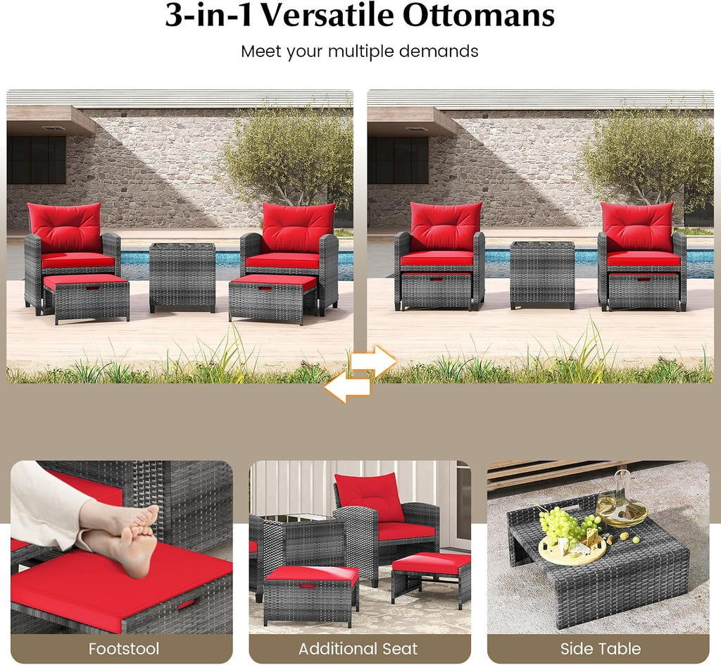 KOTEK 5 Pieces Patio Furniture Set with Ottomans, Wicker Patio Conversation Set with Coffee Table & Cushions, PE Rattan Outdoor Lounge Chairs for Backyard, Porch, Poolside (Mix Grey- Red)