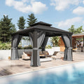 Aoxun 12' x 12' Permanent Hardtop Gazebo with Galvanized Steel Double Roof and Aluminum Frames Outdoor Large Pavilion Gazebo for Patio Deck Garden, Nettings and Curtains Included, Gray