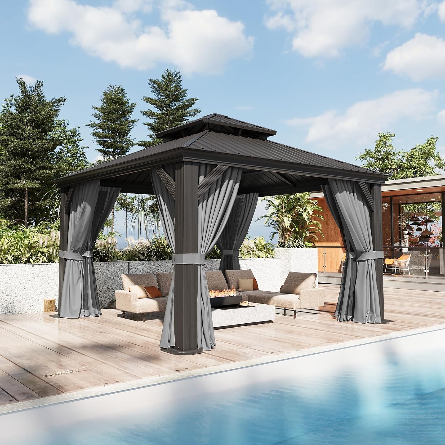 Aoxun 12' x 12' Permanent Hardtop Gazebo with Galvanized Steel Double Roof and Aluminum Frames Outdoor Large Pavilion Gazebo for Patio Deck Garden, Nettings and Curtains Included, Gray