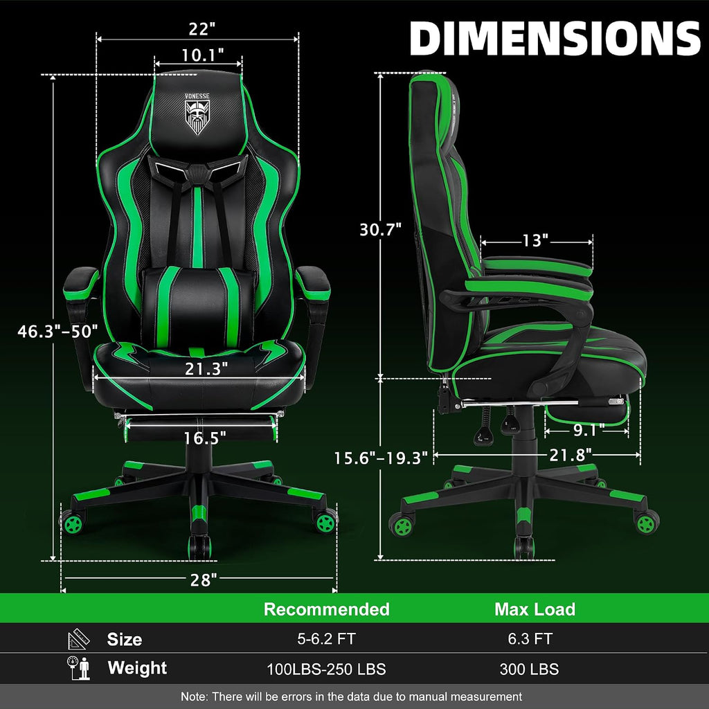 Vonesse Gaming Chair with Footrest, Big and Tall Gamer Chair with Massage, Reclining Computer Gaming Chair for Adults, Ergonomic Game Chair for Teens, High Back Video Game Chairs(Green/Black)