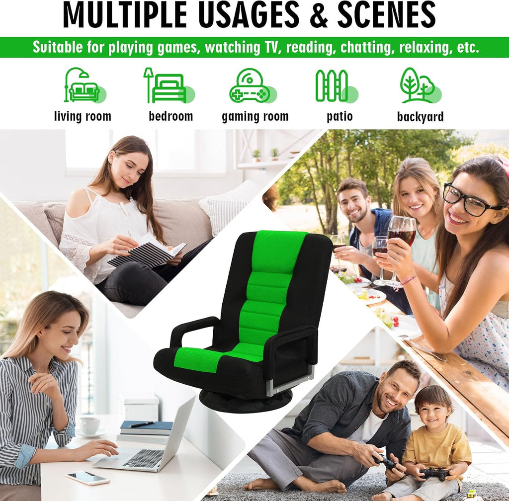 Swivel Floor Gaming Chair w/Armrests,Folding Video Reclining Sofa w/6 Adjustable Position, Padded Backrest & Cushion, Lazy Lounger Couch for E-Sports, Reading, Relaxing, Watching TV, Green