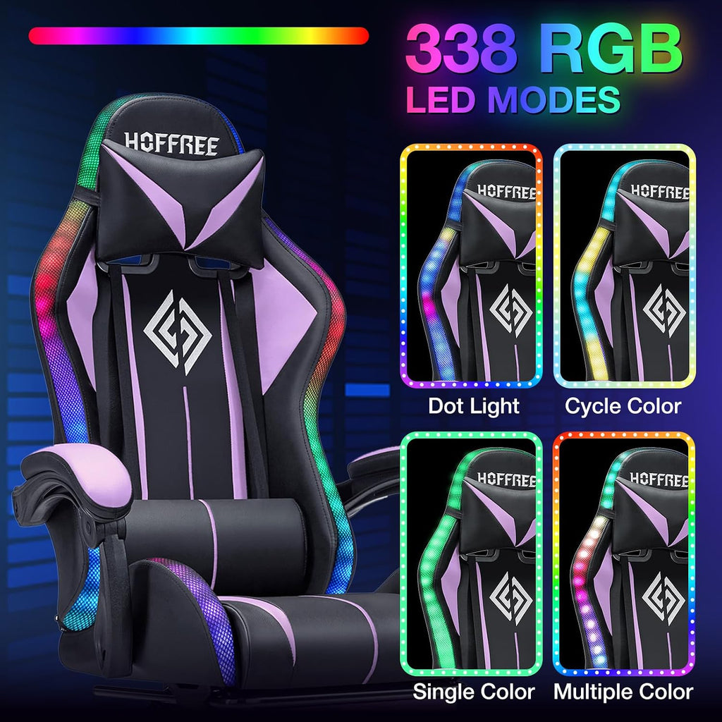 HOFFREE Gaming Chair with LED RGB Lights and Massage Ergonomic Computer Chair with Footrest High Back Video Game Chair with Adjustable Lumbar Support Linkage Armrest Purple and Black