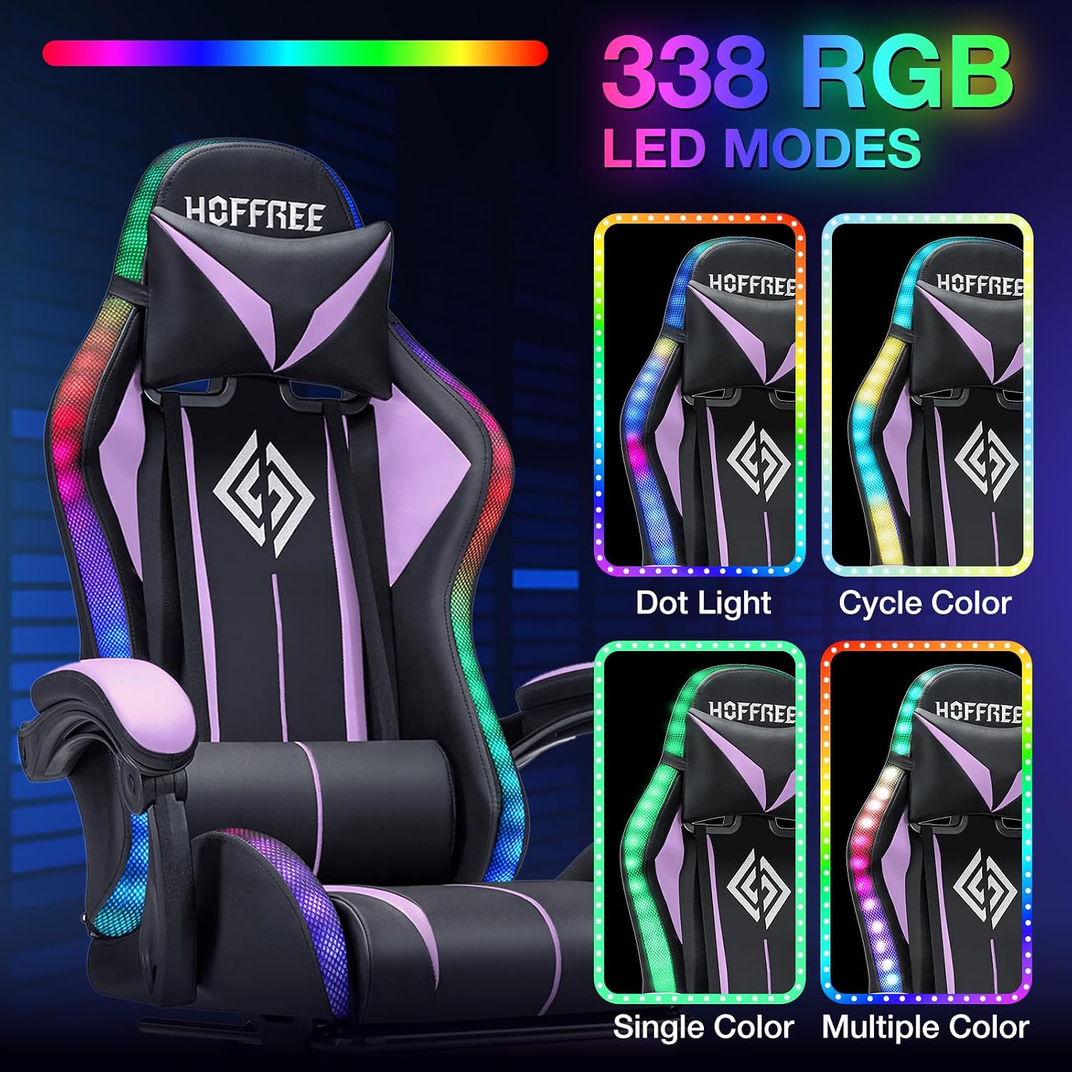 HOFFREE Gaming Chair with LED RGB Lights and Massage Ergonomic Computer Chair with Footrest High Back Video Game Chair with Adjustable Lumbar Support Linkage Armrest Purple and Black