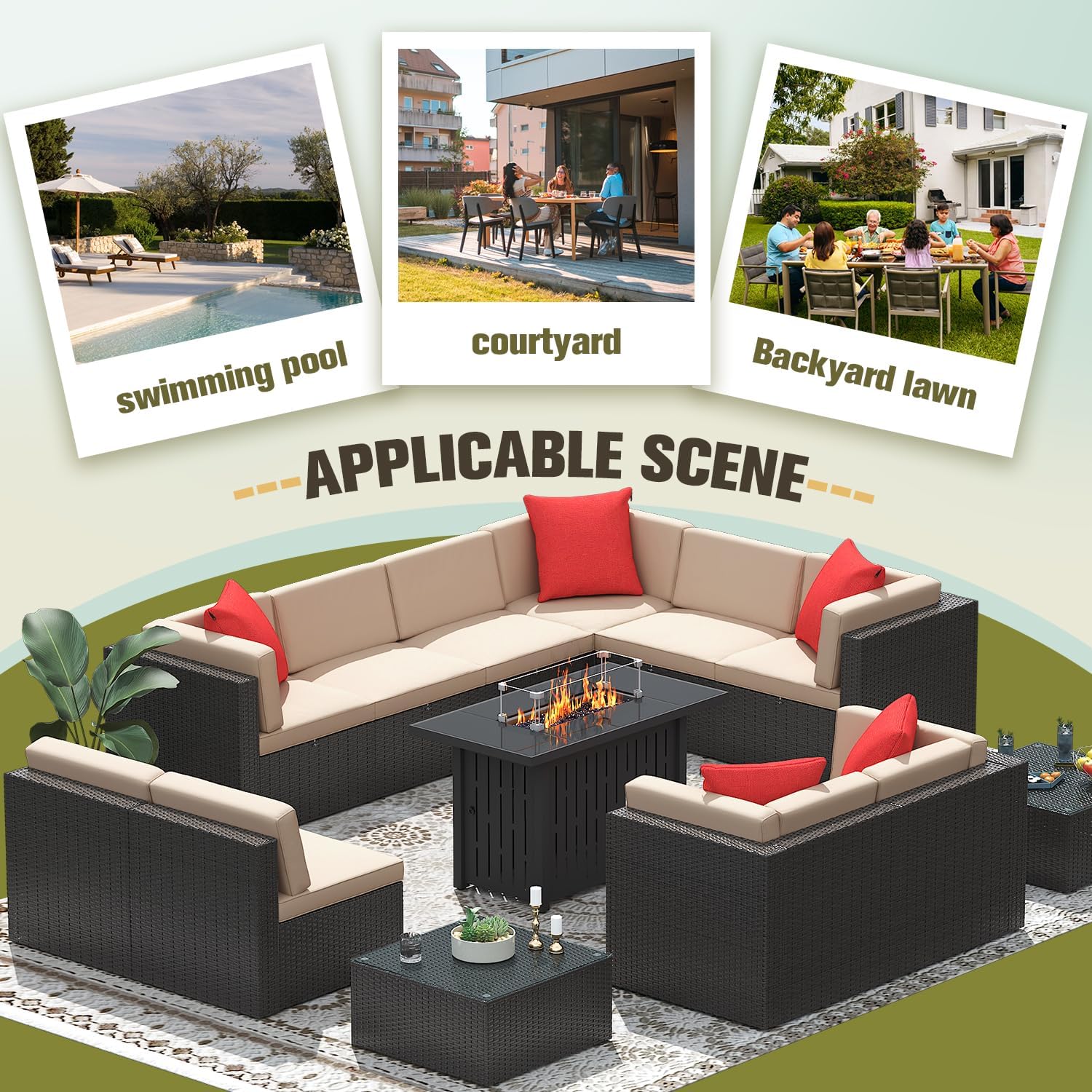 Greesum Patio Furniture Sets 13-Pieces Outdoor PE Rattan Sectional Sofa w/43in Gas Fire Pit Table 55000 BTU Add Warmth to Gatherings Parties On Deck Garden Backyard,Light Beige