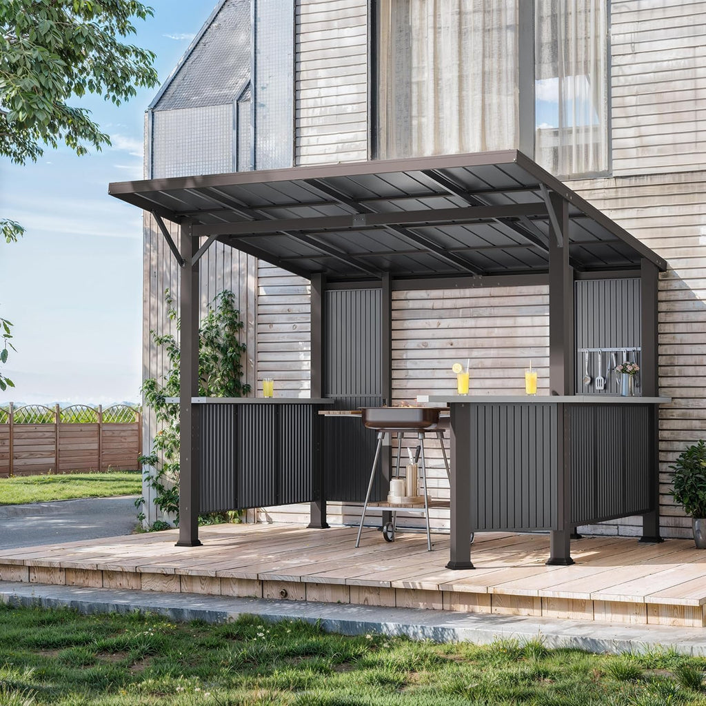 Kullavik 10' x 10' Hardtop Grill Gazebo Canopy, Outdoor Galvanized Steel BBQ Lean to Gazebo with 2 Side Shelves for Barbecue and Picnic, Metal Grill Tent for Patios, Gardens, Lawns