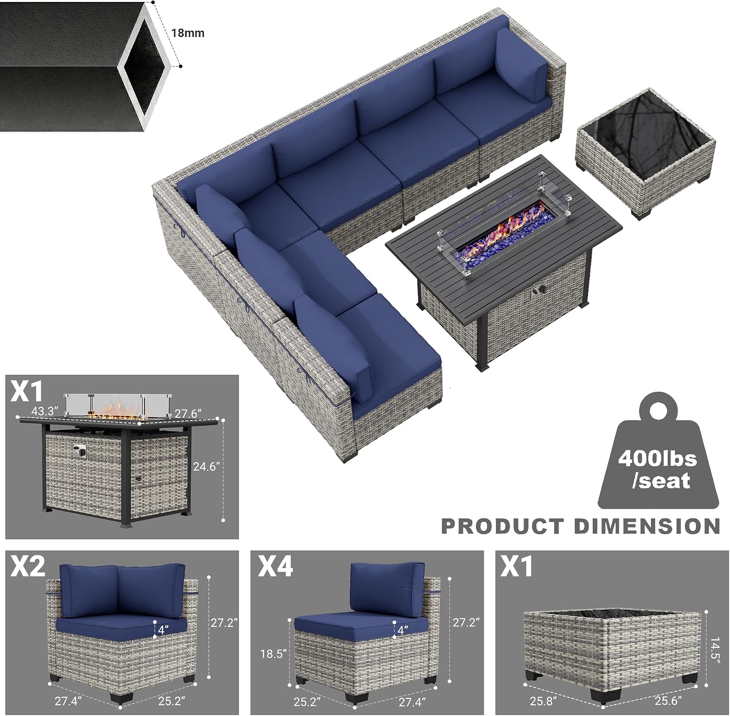 8-Piece Modern Patio Furniture Set with 55,000 BTU Fire Pit Table, Thick Cushions, Dual-Strand Wicker Rattan, Rust-Resistant Frame, Navy Blue