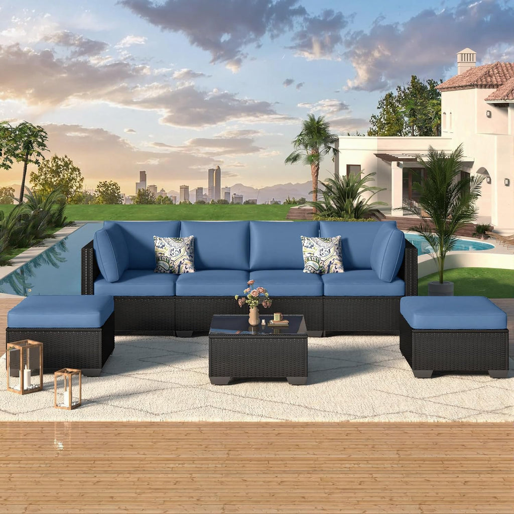 U-MAX 7 Piece Outdoor Patio Furniture Set, PE Rattan Wicker Sofa Set, Outdoor Sectional Furniture Chair Set with Navy Cushions and Tea Table, Black Rattan
