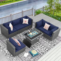 RADIATA 7 Piece Wicker Patio Furniture Set with Fire Pit, All-Weather Outdoor Sectional Couch High Back Large Size, Modular Backyard Seating Sofa Set with Propane/Natural Gas Firepit Table, Grey&Blue