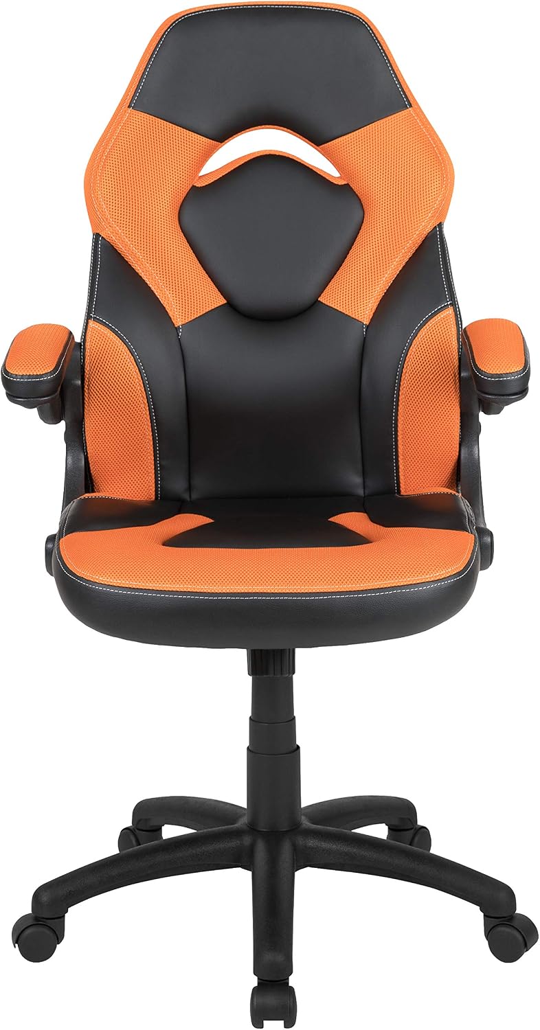Flash Furniture X10 High-Back LeatherSoft Racing Style Gaming Chair with Flip-Up Arms, Ergonomic Padded Swivel Computer Chair, Orange/Black