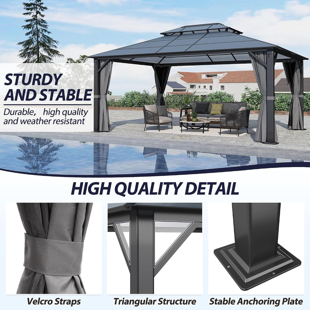 12' x 16' Hardtop Gazebo, Outdoor Polycarbonate Double Roof Gazebo with Metal Frame Permanent Pavilion with Netting& Curtains for Garden, Patio