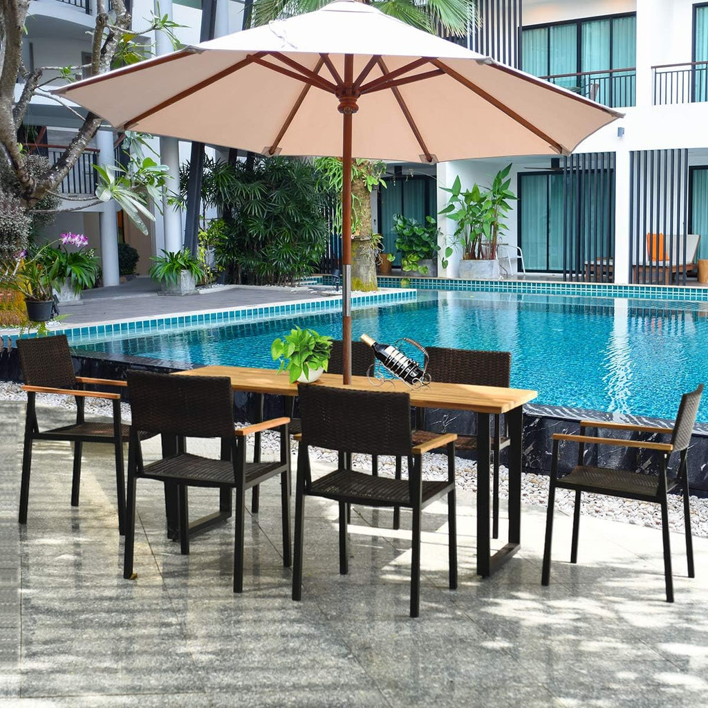Tangkula 7 Pieces Outdoor Dining Set, Patented Patio Furniture Set w/Large Rectangle Acacia Wood Table Top, Rattan Chairs with Steel Frame, Umbrella Hole, for Backyard Garden