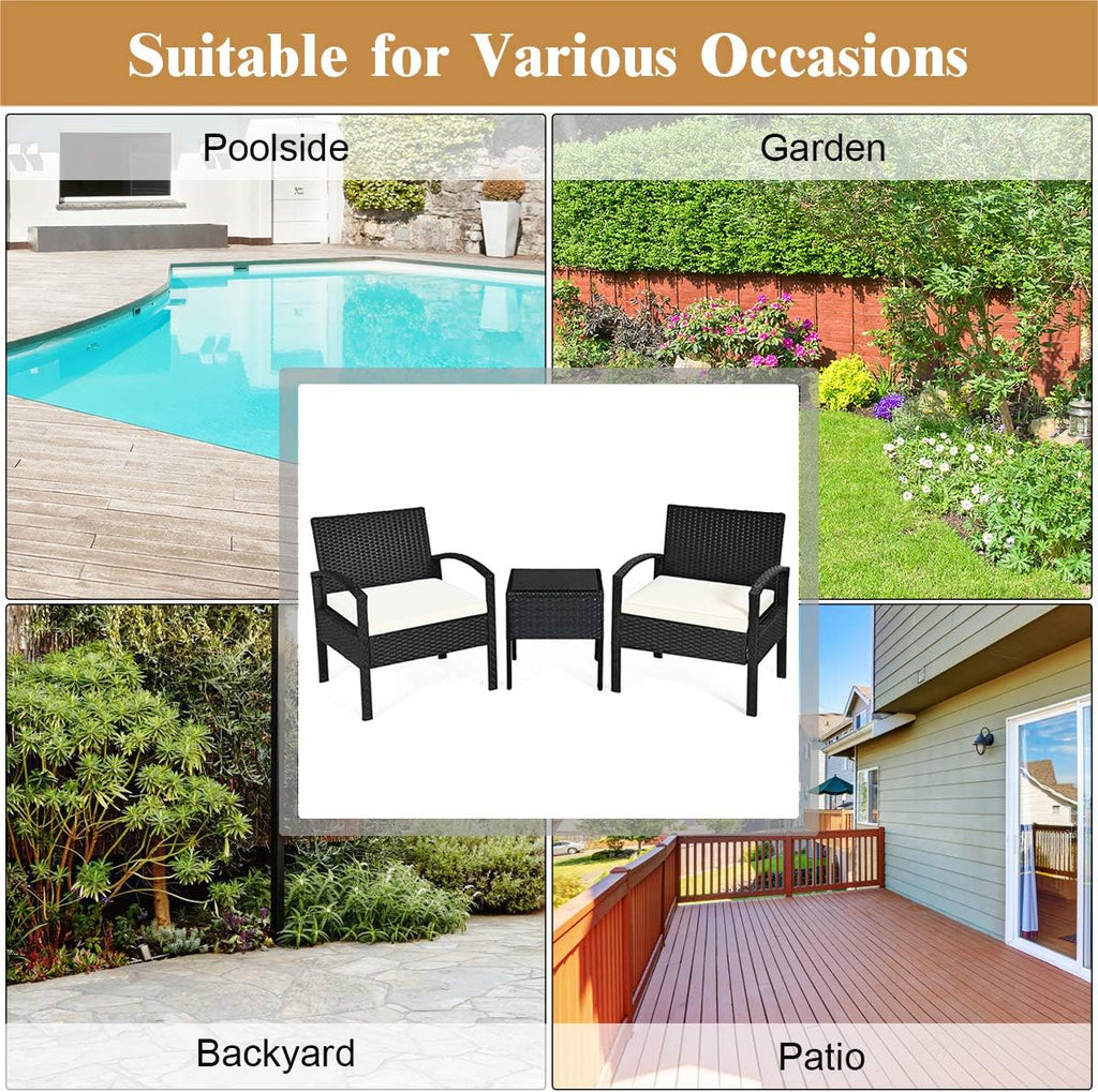 Tangkula 3 Piece Patio Conversation Set, Outdoor Rattan Sofa Set with White Seat Cushions & Coffee Table, Patio Wicker Furniture Set for Garden Balcony Backyard Poolside (Black)