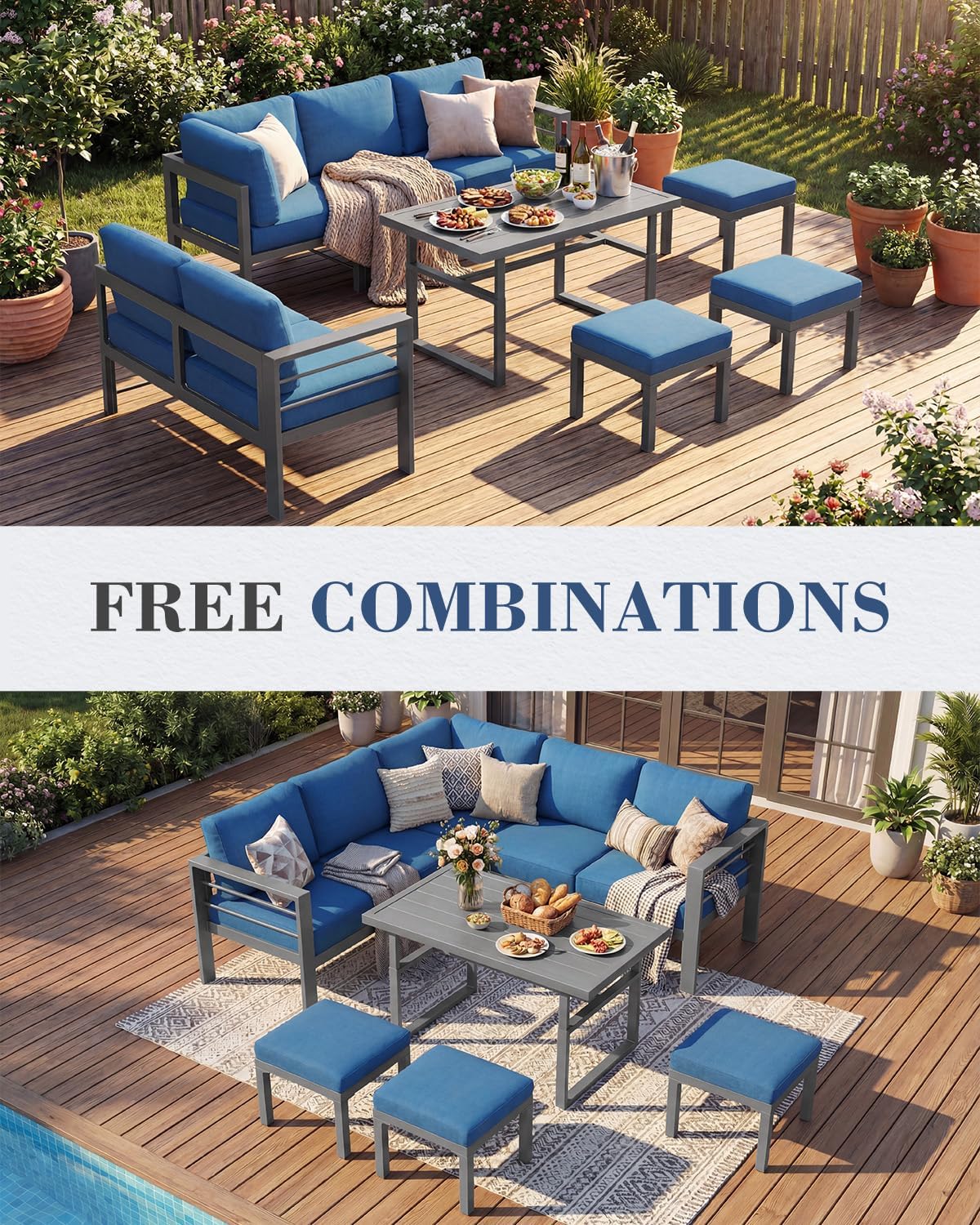 AECOJOY Aluminum Patio Furniture Set, 8 Seats Modern Outdoor Furniture with Adjustable Table, 7 Pieces Metal Conversation Sectional Sofa, Blue
