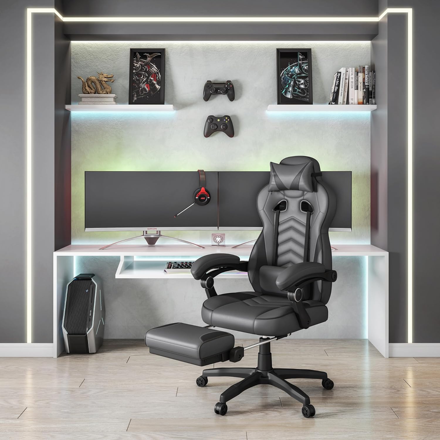 Executive Office or Gaming Chair with Footrest, Padded PU Leather Office Chair with 150-Degree Recline, Lumbar Support & Headrest Pillow, Grey