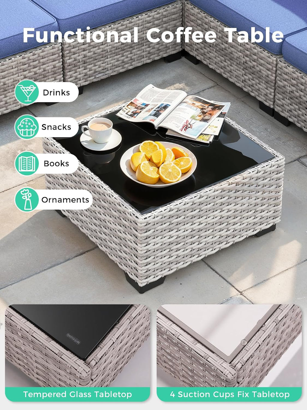 7 Piece Outdoor Wicker Sectional Sofa Set with Fire Pit Table, 5-Seats Conversation Set with 4' Thickened Cushions & Coffee Table, All-Weather PE Rattan for Garden, Backyard, Porch, Bule