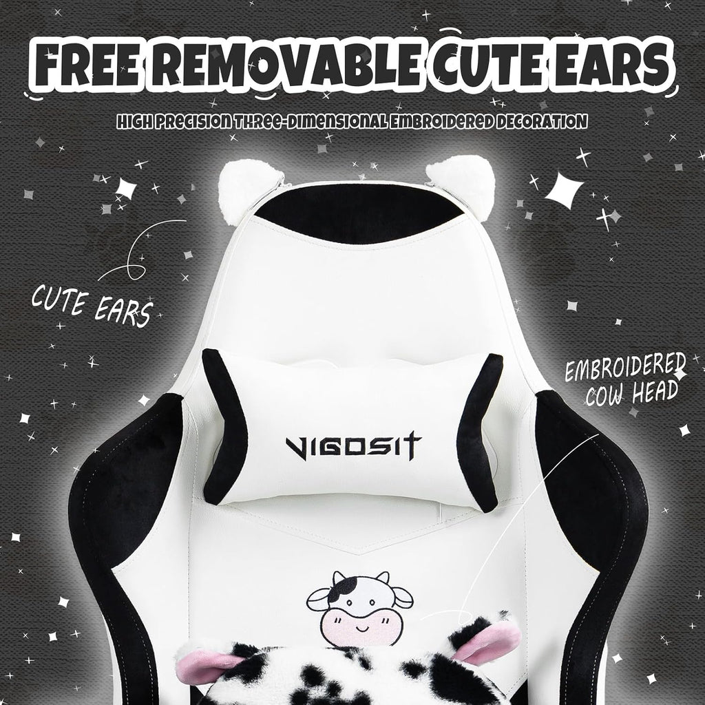 Vigosit Cute Gaming Chair with Footrest - Ergonomic Computer Chair Cow Print Design, High Back PU Leather Office Chairs with Lumbar Support for Adults