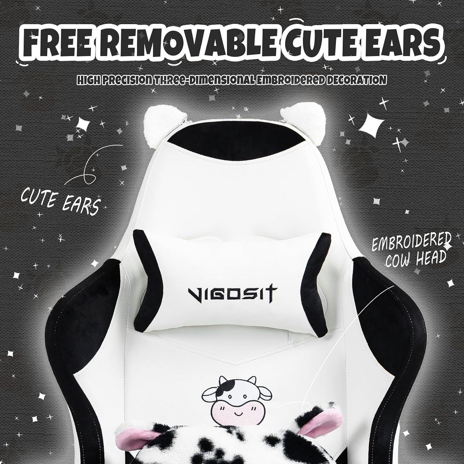 Vigosit Cute Gaming Chair with Footrest - Ergonomic Computer Chair Cow Print Design, High Back PU Leather Office Chairs with Lumbar Support for Adults