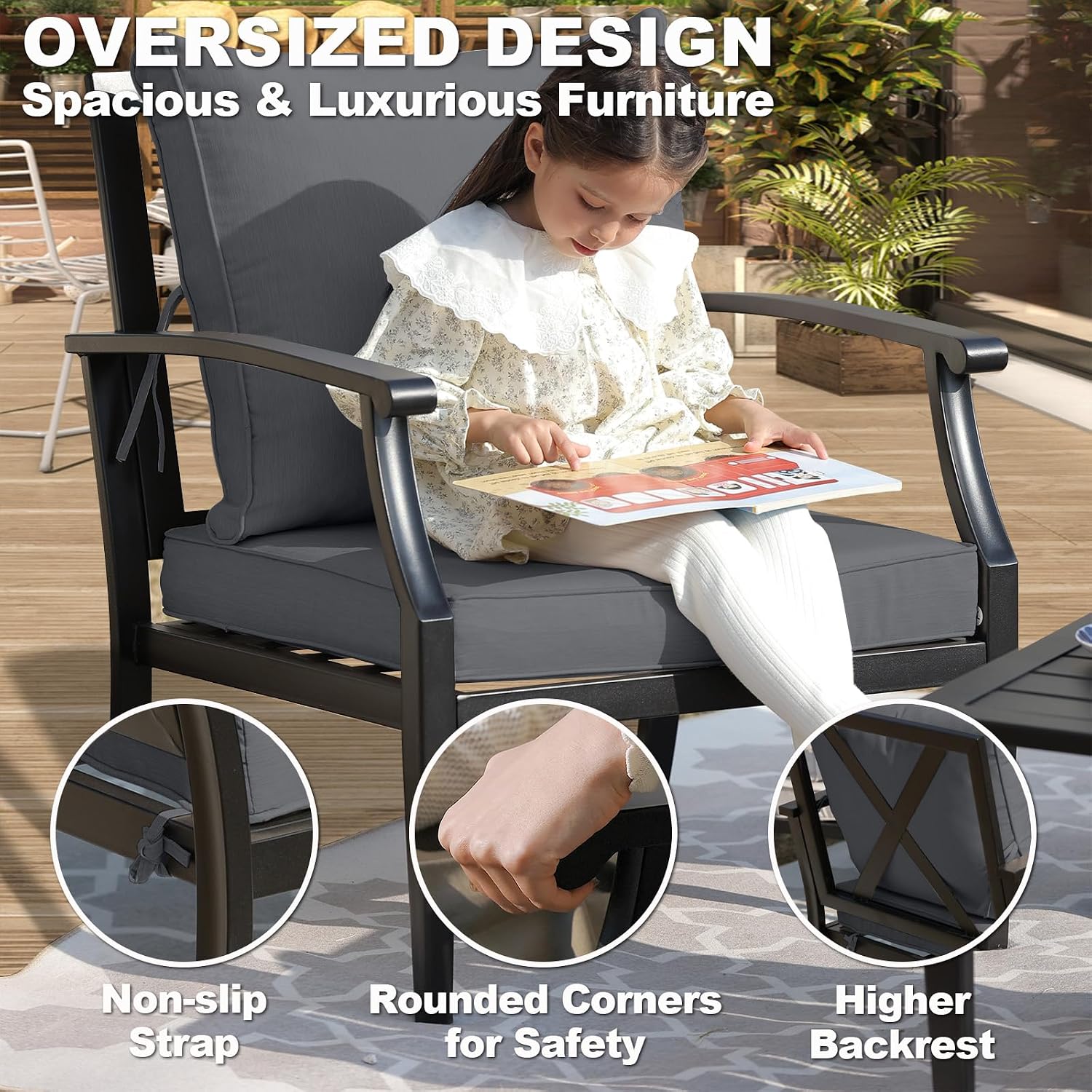 4-Piece Patio Furniture Set, Wider Outdoor Metal Seating Sofa with High Back & Lovsest, Coffee Table, All Weather Rattan Conversation for Backyard, Poolside, Deck-Grey