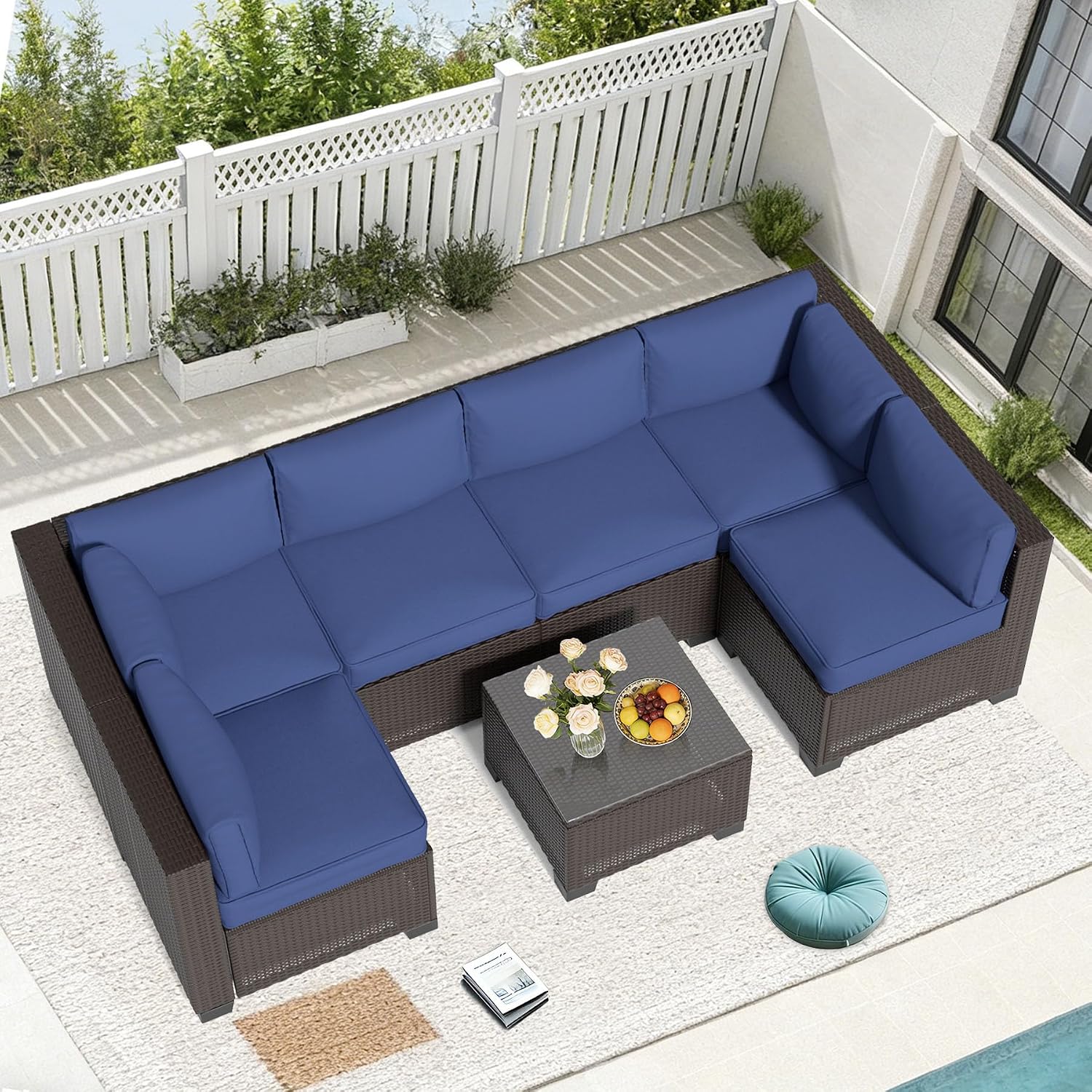 YLGJ&TIDY 7-Piece Outdoor Sectional Patio Furniture Set, All-Weather Wicker Rattan Sofa w/Thick Washable Cushions & Tempered Glass Table, Perfect for Garden, Poolside, Backyard (7, Navy Blue)