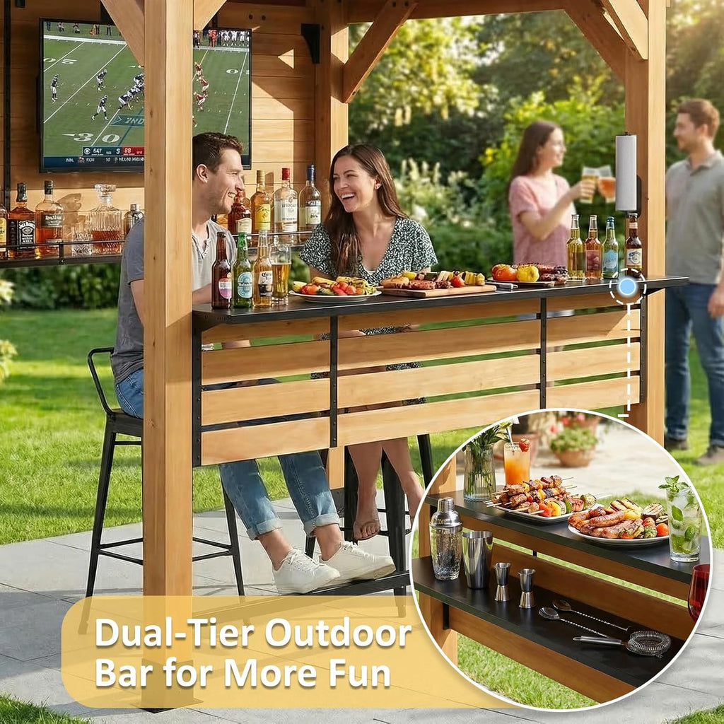 CHARMELEON Cedar Wood Entertainment Bar Center,6 x 8 FT Wood Gazebo Bar Including Metal TV Mount & Serving Bar & Paper Towel Holder& Bottle Opener,Outdoor Grill Gazebo for Patio,Garden