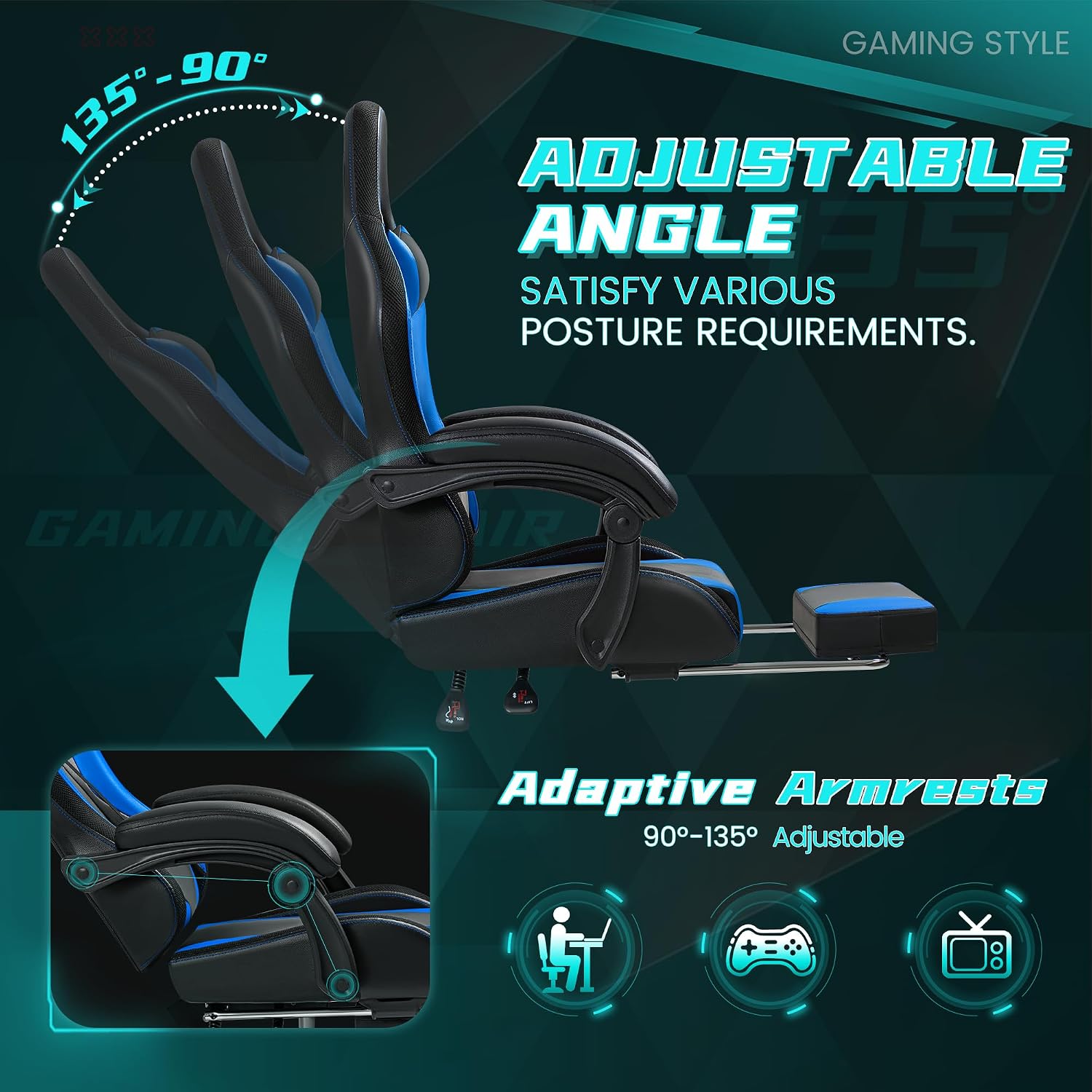 Gaming Chair with RGB, Computer Gaming Chairs with LED Lights and Footrest for Home, Office, Blue and Black