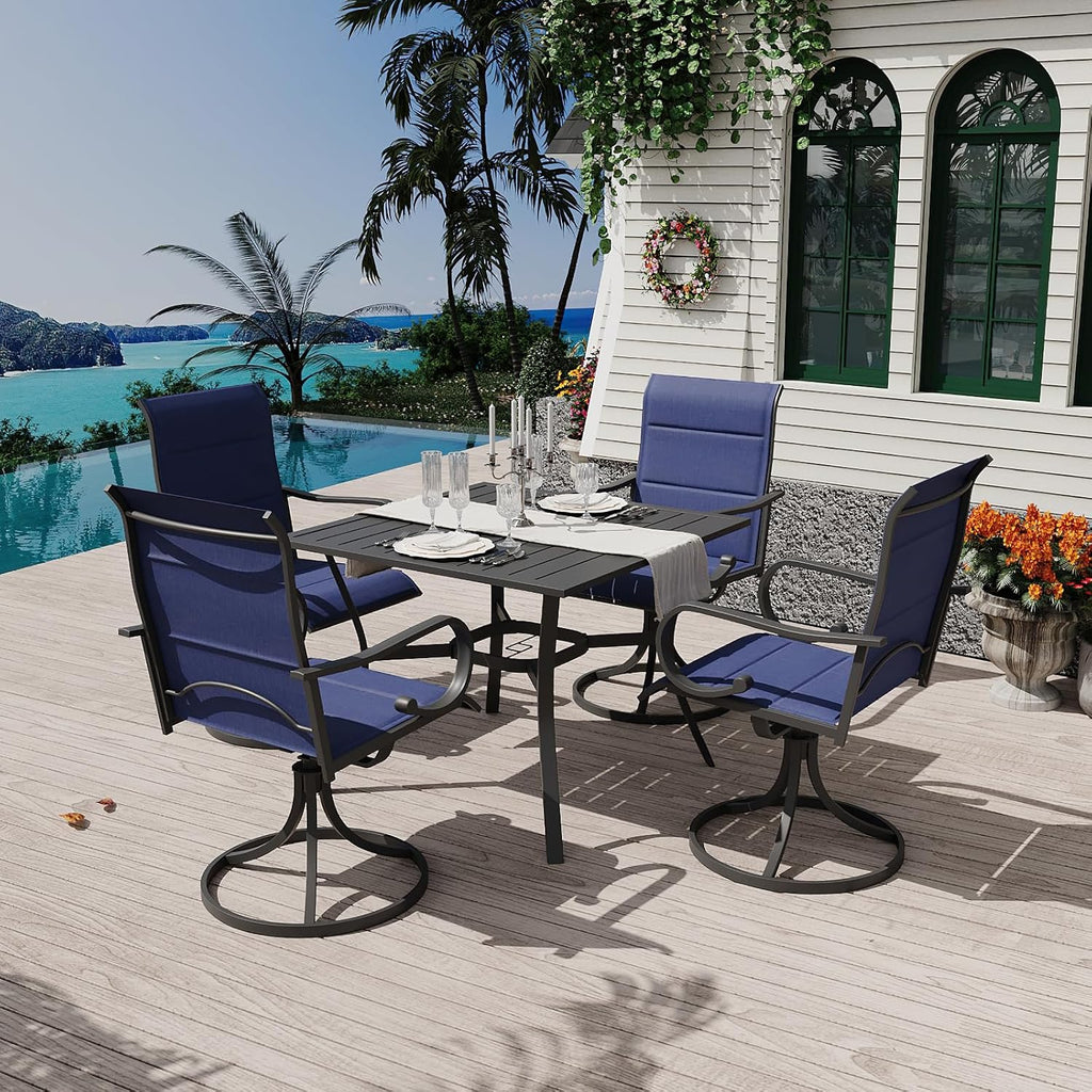 MELLCOM 5 Pieces Outdoor Dining Set, 4 Swivel Rocker Chairs with High Back Textilene & Square Metal Dining Table with Umbrella Hole, Patio Furniture Set for Porch, Garden, Backyard, Deck, Blue