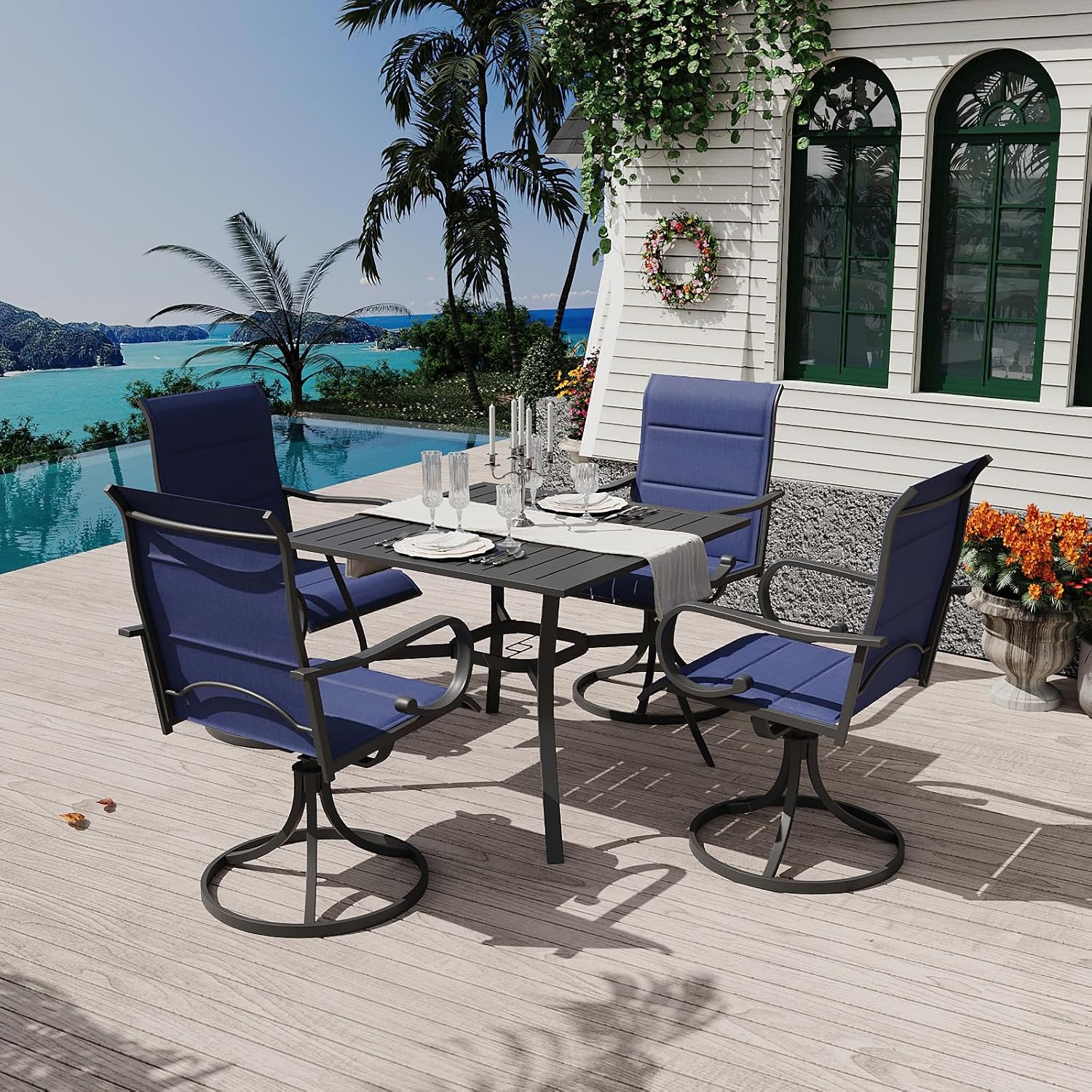 MELLCOM 5 Pieces Outdoor Dining Set, 4 Swivel Rocker Chairs with High Back Textilene & Square Metal Dining Table with Umbrella Hole, Patio Furniture Set for Porch, Garden, Backyard, Deck, Blue