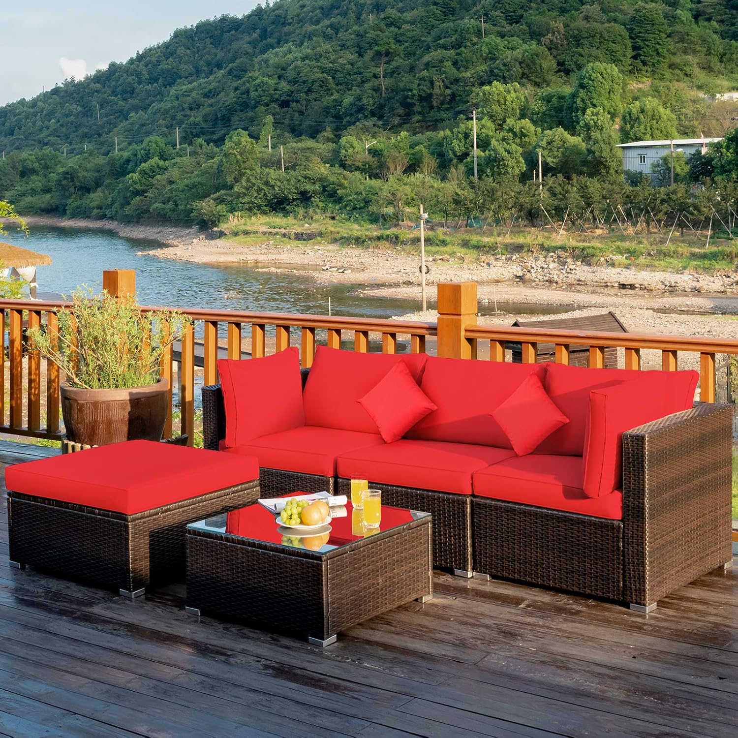 COSTWAY 5-Piece Outdoor Patio Furniture Set, Glass Top Coffee Table and Lounge Sofa with Cushions, PE Rattan Conversation Set for Garden, Deck, Backyard (Red)