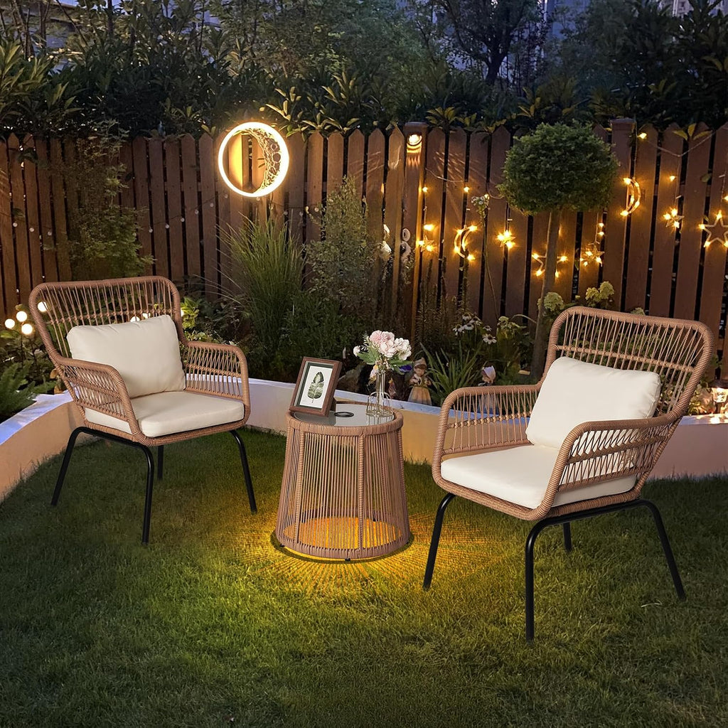 3 Piece Outdoor Wicker Furniture Bistro Set, Rattan Chairs Conversation Sets with Solar Light, Wicker Patio Furniture for Balcony Poolside Backyard, Beige