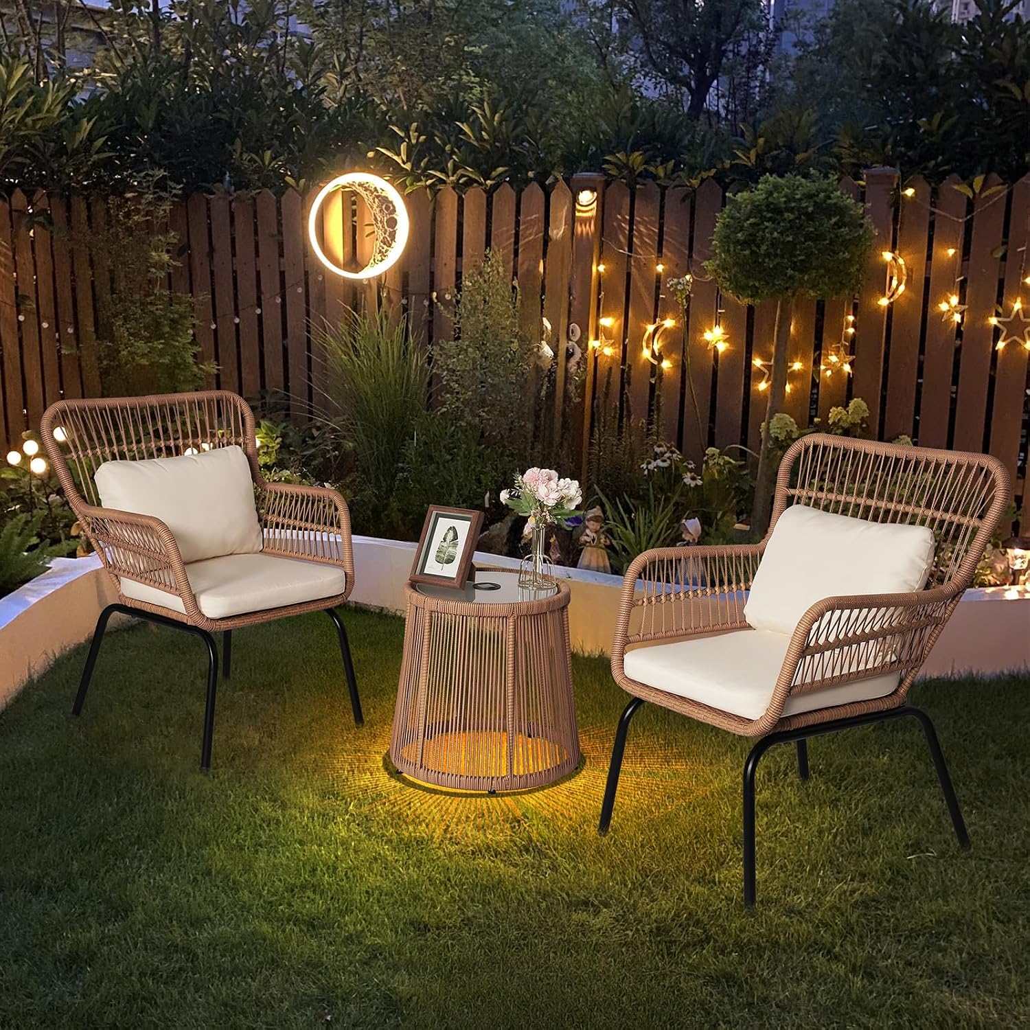 3 Piece Outdoor Wicker Furniture Bistro Set, Rattan Chairs Conversation Sets with Solar Light, Wicker Patio Furniture for Balcony Poolside Backyard, Beige