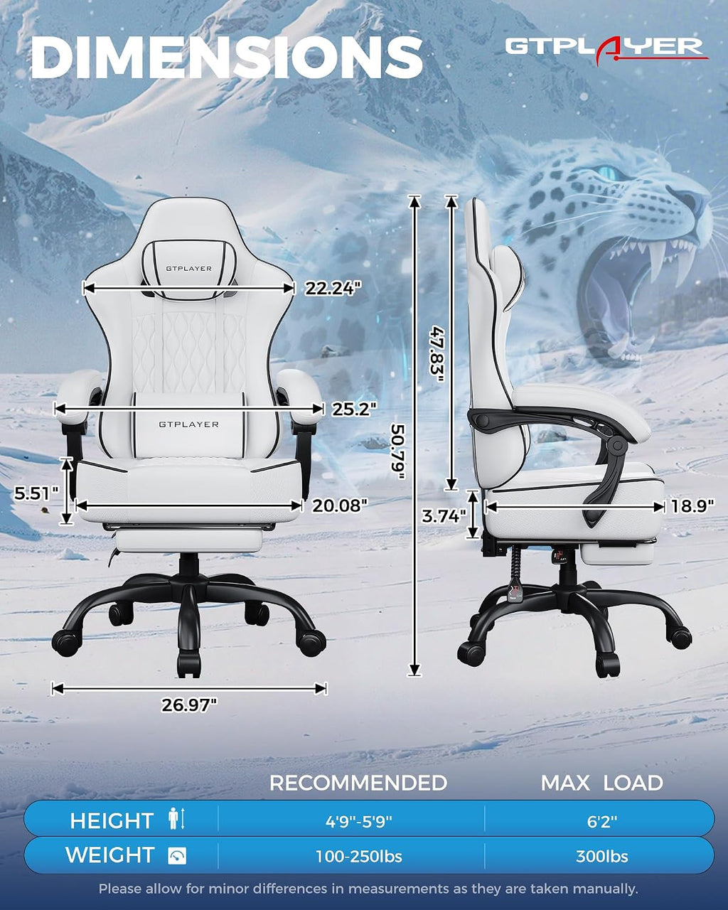 GTPLAYER Big and Tall Gaming Chair with Footrest, Ergonomic Office Desk Chair with 4.4in Thick Cushion and Wide Wingless Seat, Comfortable Leather Computer Chair, Predator Series, White