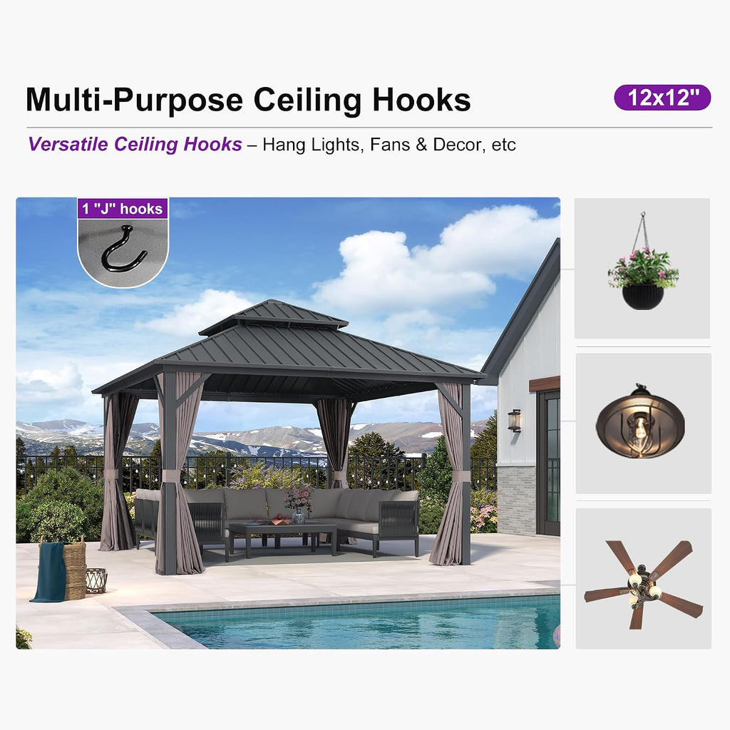 PURPLE LEAF 12' X 12' Permanent Hardtop Gazebo Outdoor Aluminum Gazebo with Galvanized Steel Double Roof for Patio Lawn Garden Aluminum with Netting and Curtains Grey