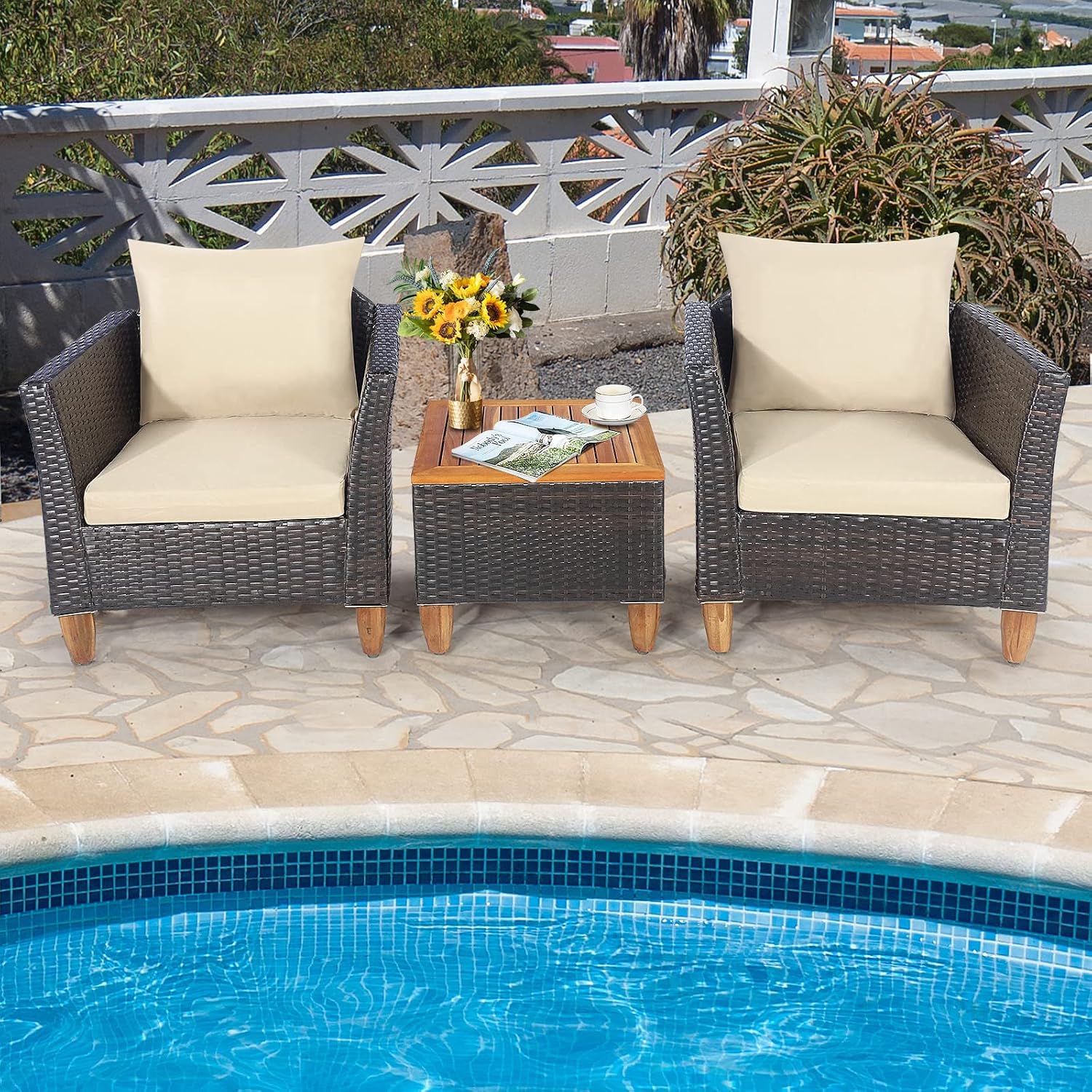 Tangkula 3-Piece Patio Furniture Set, Patiojoy Outdoor PE Wicker Bistro Set with Soft Cushions and Solid Acacia Wood, Outdoor Conversation Set with Porch, Balcony and Garden (Beige)